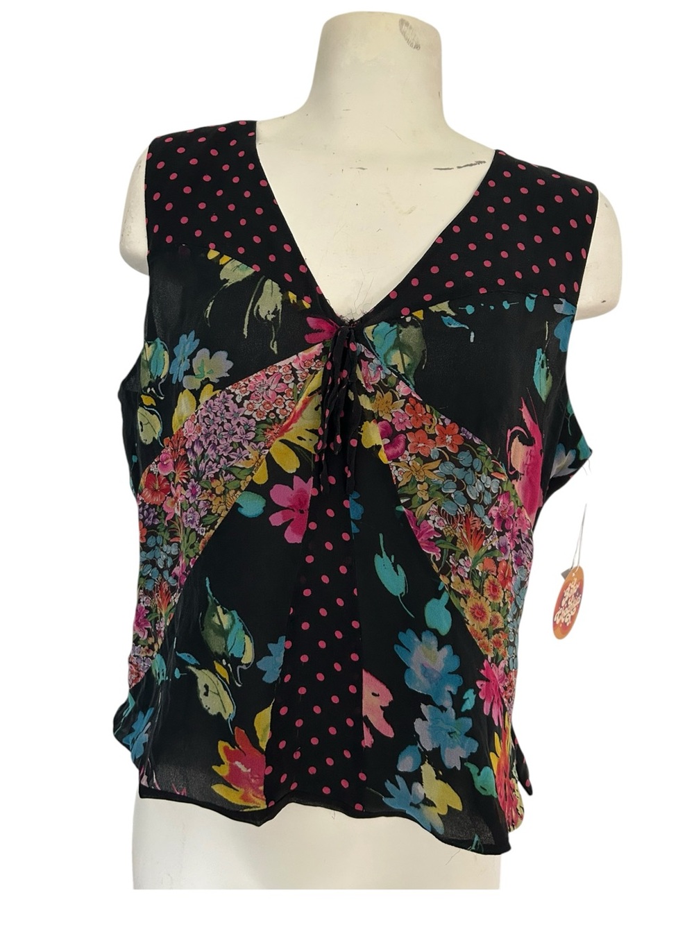 Spenser Jeremy 100% Silk Black Floral & Pink Polka Dot V-Neck Camisole